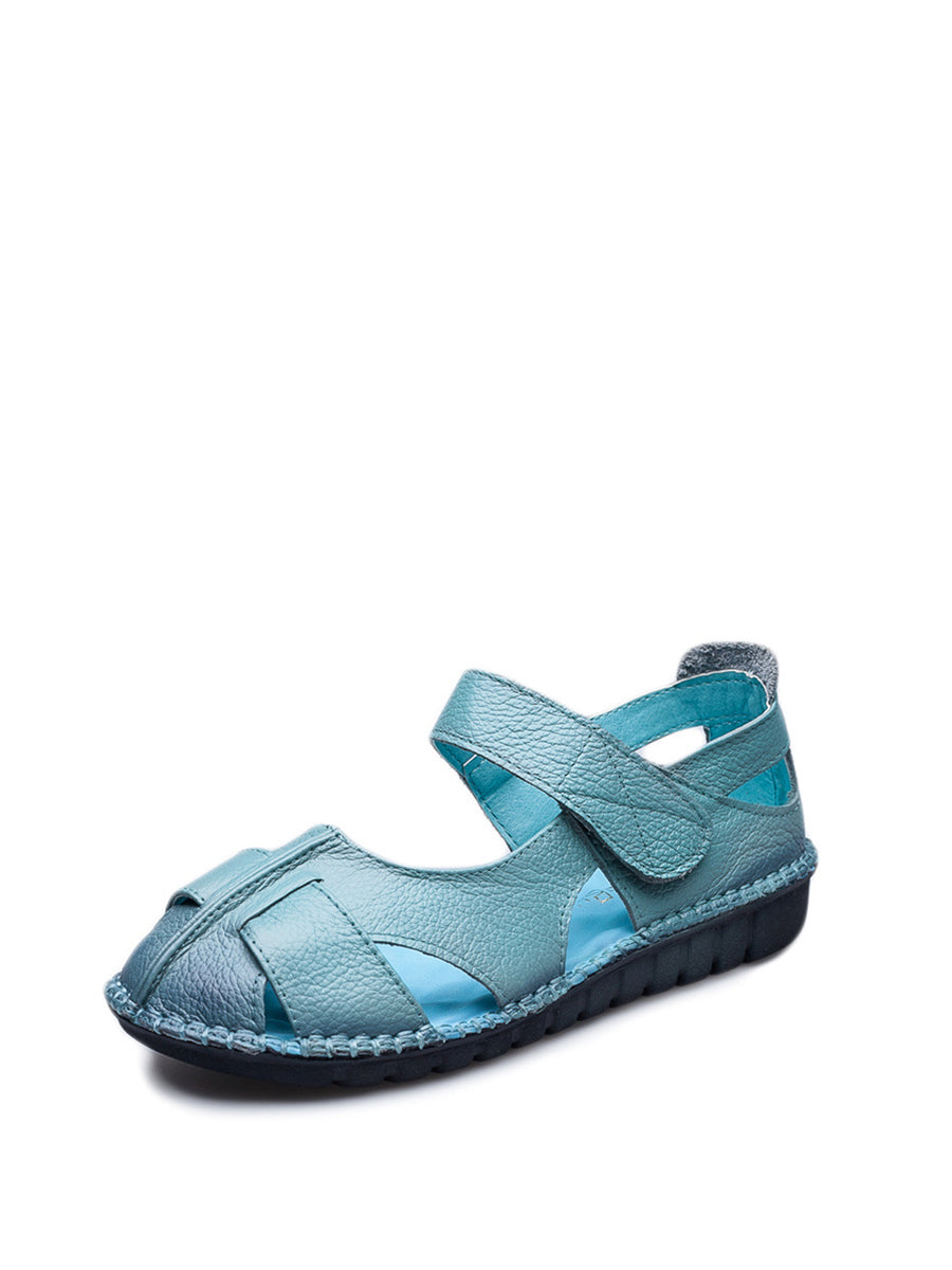 Women Summer Solid Soft Leather Spliced Flat Sandals