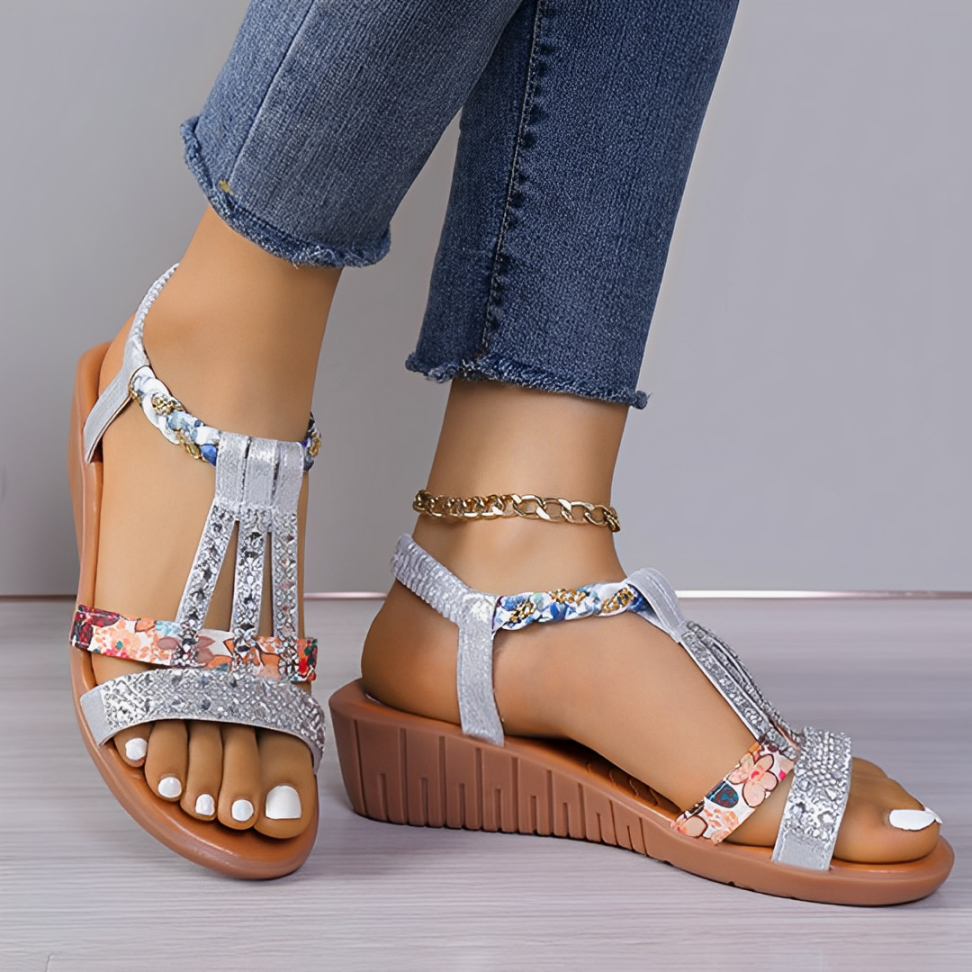 CMF Women Wedge Sandals Arch-support Comfortable Platform Rhinestone Crystal Elastic Strap Chic Summer