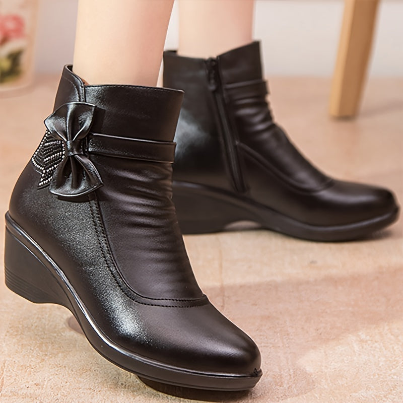 Women’s Warm Wedge Booties – Wide Width Comfort Ankle Boots with Side Zip & Bow Accent