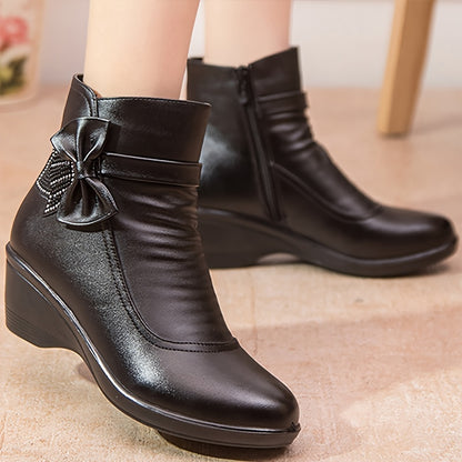 Women’s Warm Wedge Booties – Wide Width Comfort Ankle Boots with Side Zip & Bow Accent
