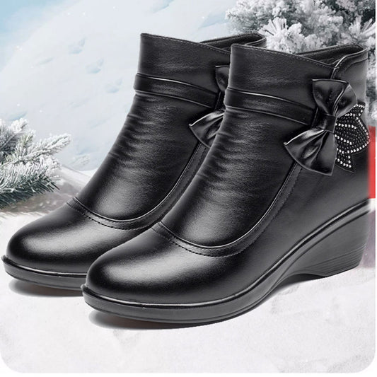 Women’s Warm Wedge Booties – Wide Width Comfort Ankle Boots with Side Zip & Bow Accent