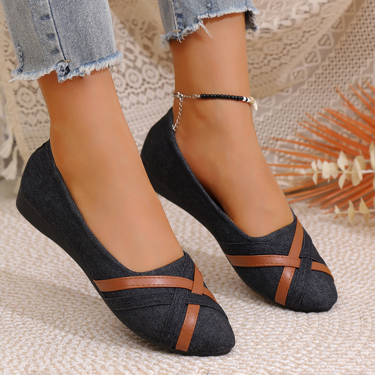 Women’s Denim Cross Strap Flats – Comfortable Casual Slip-On Shoes