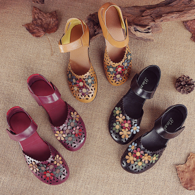Women’s Handmade Leather Sandals – Floral Comfort Soft Sole Summer Shoes