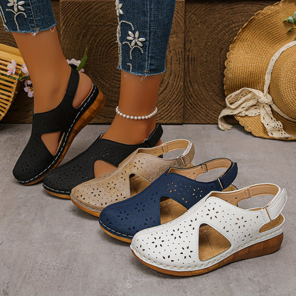 Women’s Breathable Cutout Wedge Sandals – Adjustable Strap Comfort Shoes
