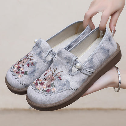Women's Handmade Embroidered Floral & Deer Shoes – Unique Artistic Boho Style
