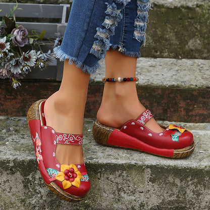 Boho Retro Floral Handmade Mules for Women – Comfy Thick Sole & Ethnic Charm