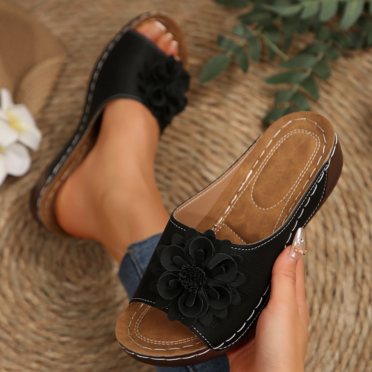 Women's Floral Wedge Sandals – Open-Toe Slip-Ons for Casual Summer Outings