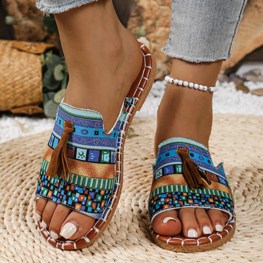 Women's Boho Tassel Sandals – Ethnic Style Summer Flats with Fringe Details