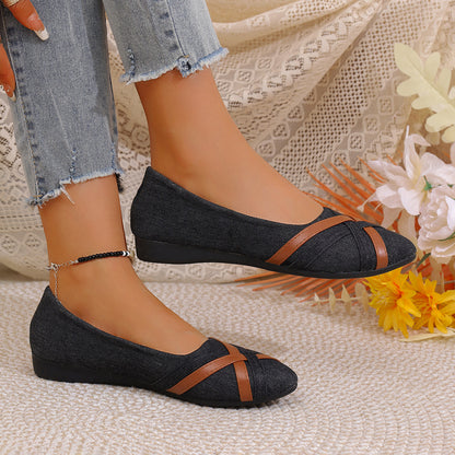 Women’s Denim Cross Strap Flats – Comfortable Casual Slip-On Shoes