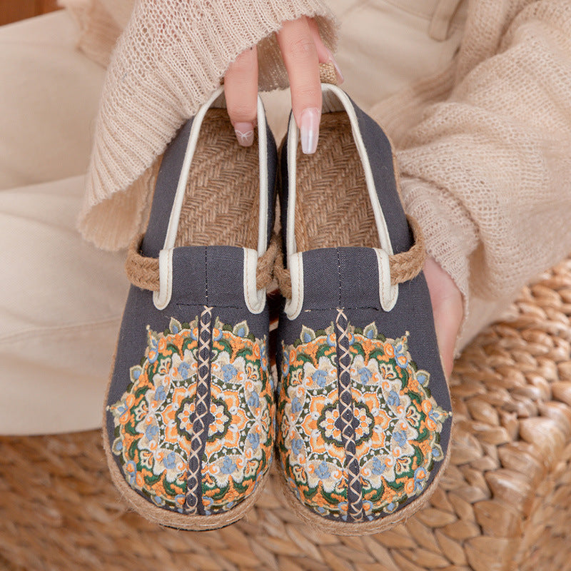 Women's Floral Embroidered Linen Comfort Flats-✈️Buy 2 Free Shipping✈️