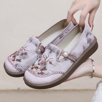 Women's Handmade Embroidered Floral & Deer Shoes – Unique Artistic Boho Style