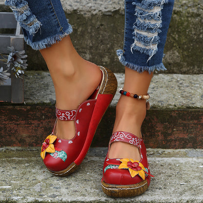 Boho Retro Floral Handmade Mules for Women – Comfy Thick Sole & Ethnic Charm