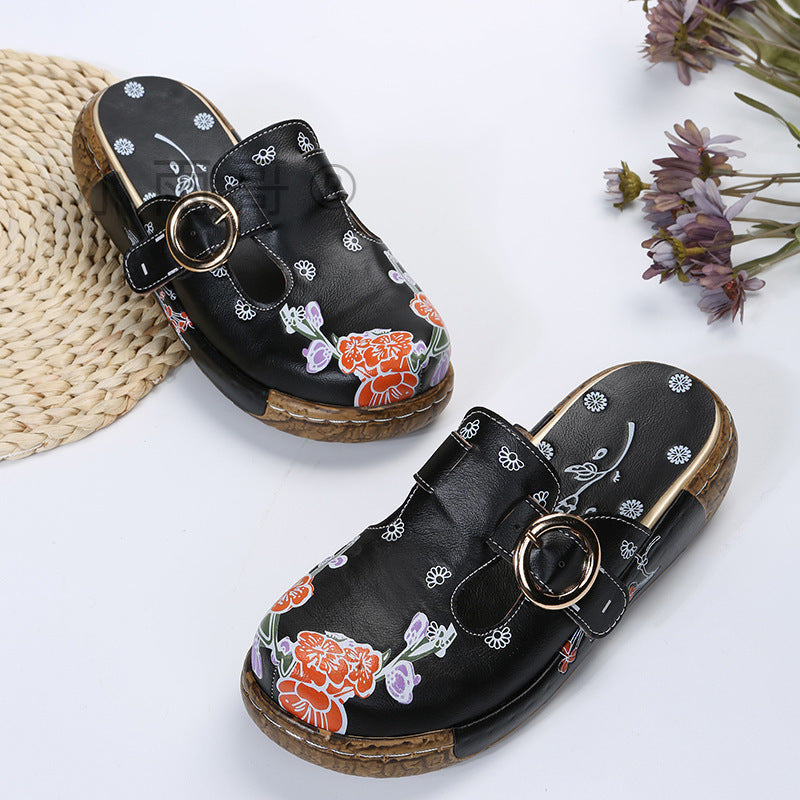 Women's Retro Ethnic Style Wedge Mules – Comfortable Thick-Soled Slip-Ons