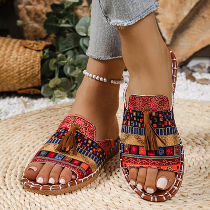 Women's Boho Tassel Sandals – Ethnic Style Summer Flats with Fringe Details