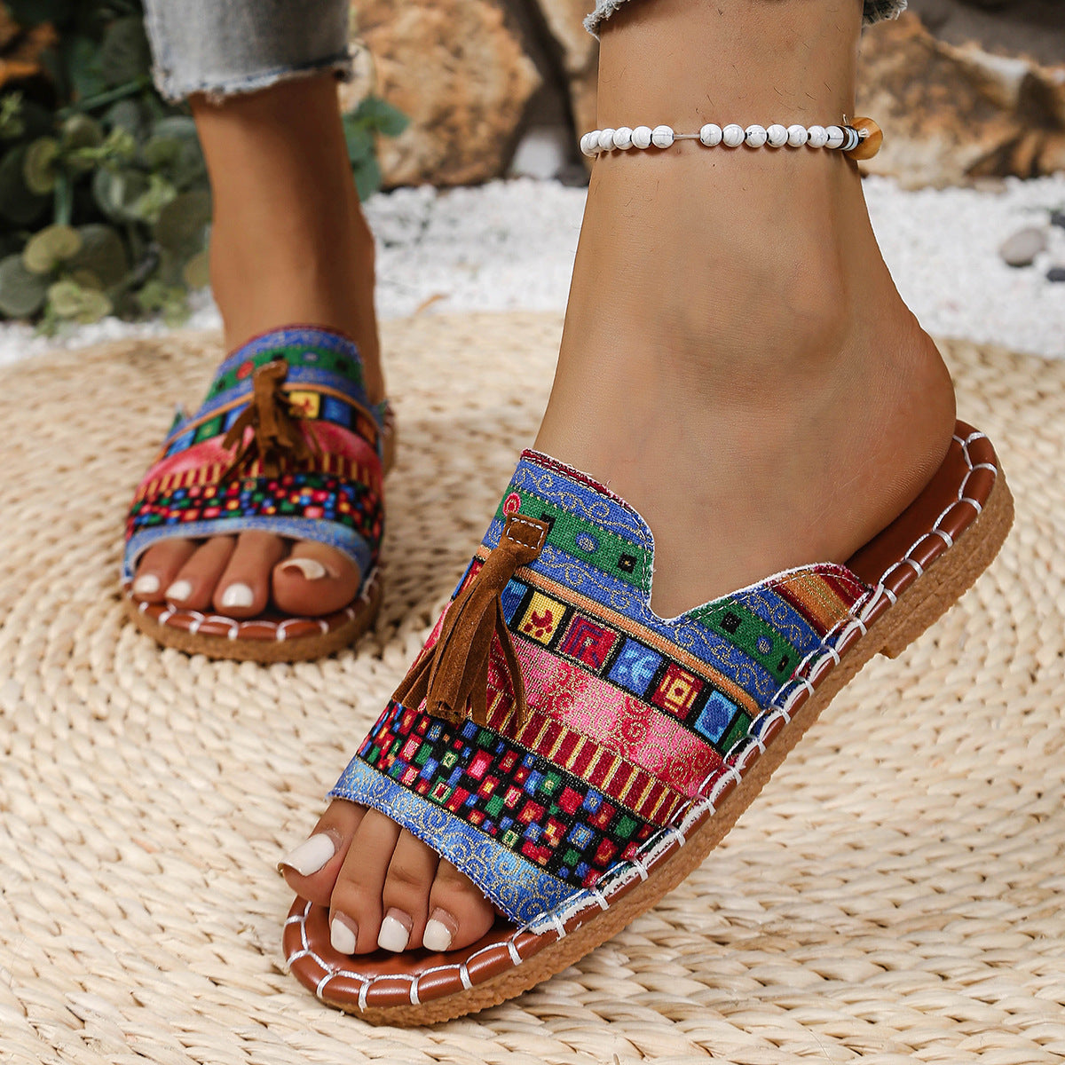 Women's Boho Tassel Sandals – Ethnic Style Summer Flats with Fringe Details