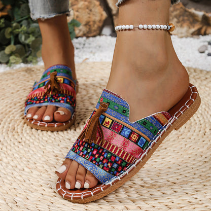 Women's Boho Tassel Sandals – Ethnic Style Summer Flats with Fringe Details