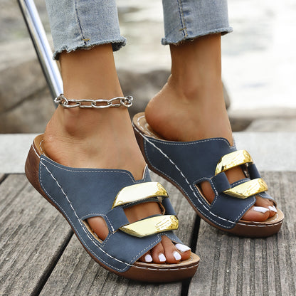 Women's Summer Mid-Heel Platform Sandals – Open Toe Slip-On Slides with Metal Buckle