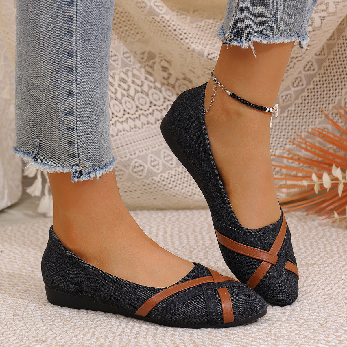 Women’s Denim Cross Strap Flats – Comfortable Casual Slip-On Shoes