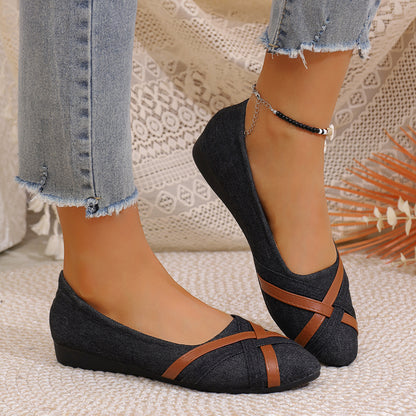 Women’s Denim Cross Strap Flats – Comfortable Casual Slip-On Shoes