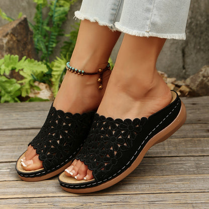 Women's Summer Wedge Slide Sandals – Floral Cutout Design & Comfy Fit for Mature Style