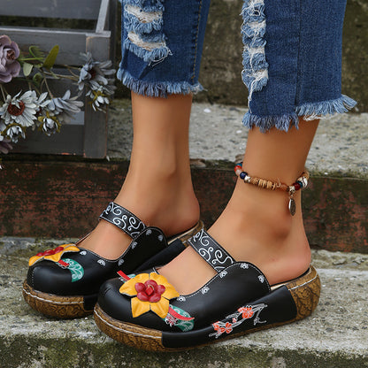 Boho Retro Floral Handmade Mules for Women – Comfy Thick Sole & Ethnic Charm