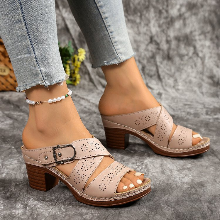 Women's Summer Cutout Chunky Heel Sandals – Stylish Comfort for Mature Feet