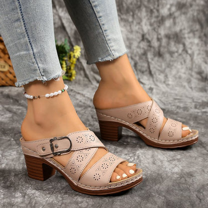 Women's Summer Cutout Chunky Heel Sandals – Stylish Comfort for Mature Feet