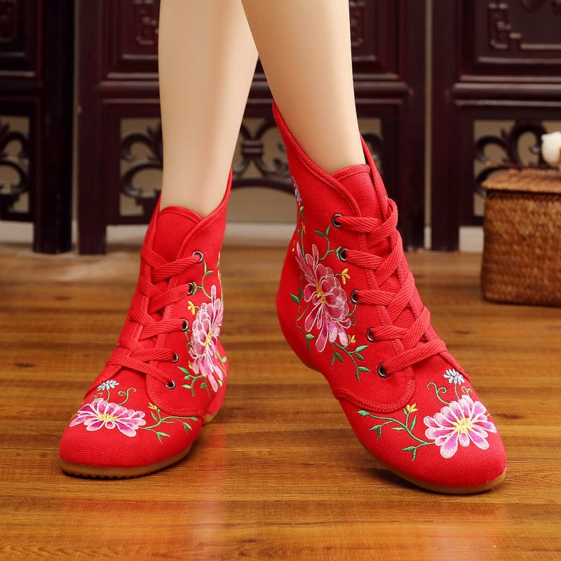 Women's Ethnic Embroidered Wedge Ankle Boots – Boho Style with Oxford Sole