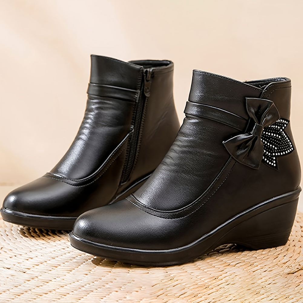 Women’s Warm Wedge Booties – Wide Width Comfort Ankle Boots with Side Zip & Bow Accent