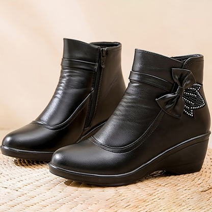 Women’s Warm Wedge Booties – Wide Width Comfort Ankle Boots with Side Zip & Bow Accent