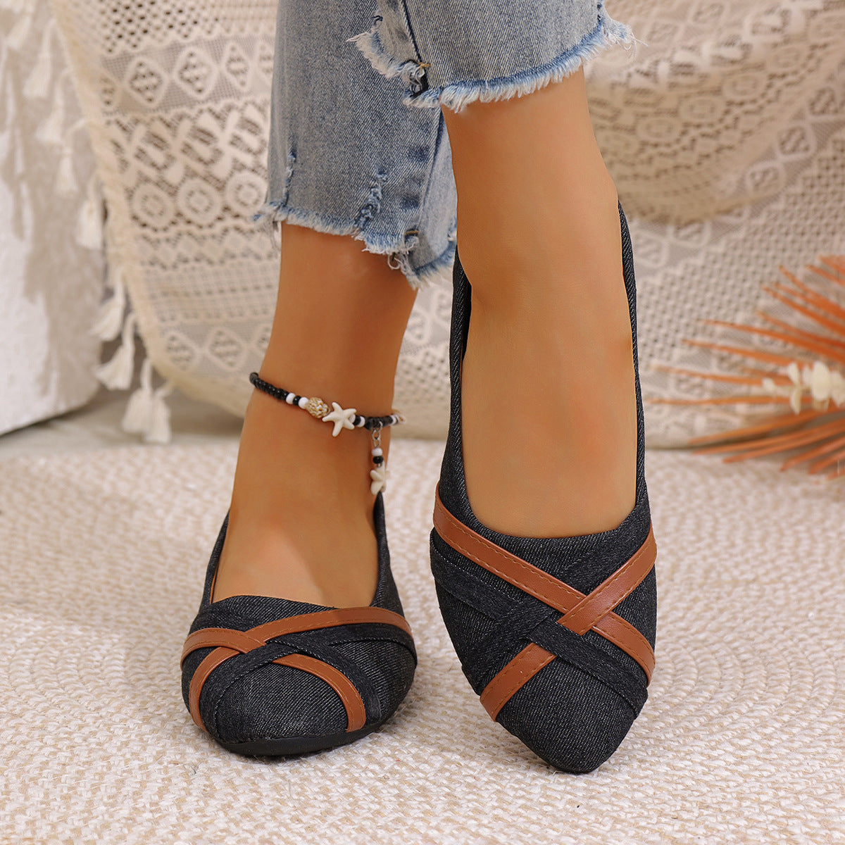 Women’s Denim Cross Strap Flats – Comfortable Casual Slip-On Shoes