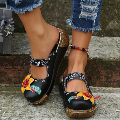 Boho Retro Floral Handmade Mules for Women – Comfy Thick Sole & Ethnic Charm