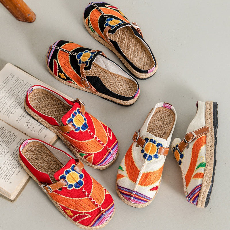 Women's Embroidered Fabric Slip-On Flats – Soft Sole Casual Closed-Toe Cloth Shoes