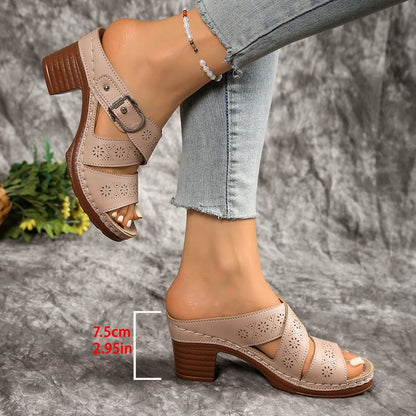 Women's Summer Cutout Chunky Heel Sandals – Stylish Comfort for Mature Feet