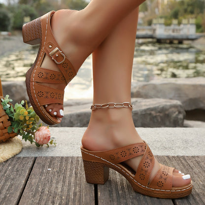 Women's Summer Cutout Chunky Heel Sandals – Stylish Comfort for Mature Feet