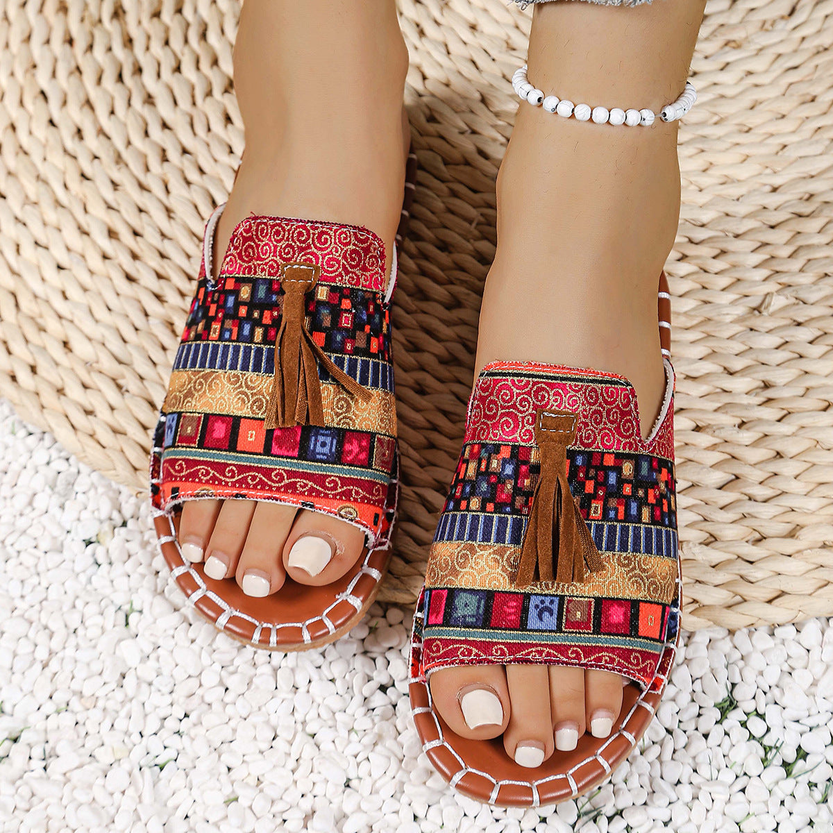 Women's Boho Tassel Sandals – Ethnic Style Summer Flats with Fringe Details