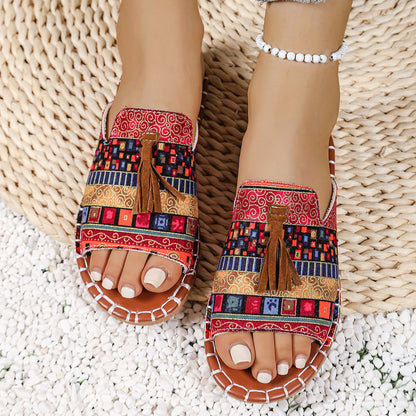 Women's Boho Tassel Sandals – Ethnic Style Summer Flats with Fringe Details