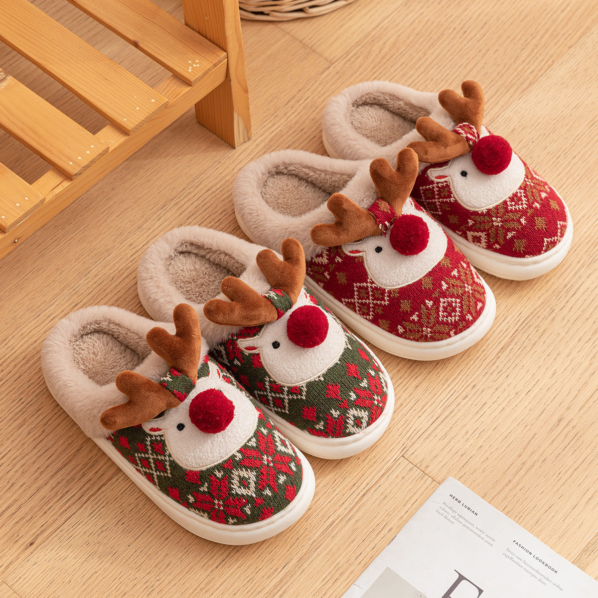 Cozy Reindeer Slippers for Women – Soft Plush Christmas House Shoes