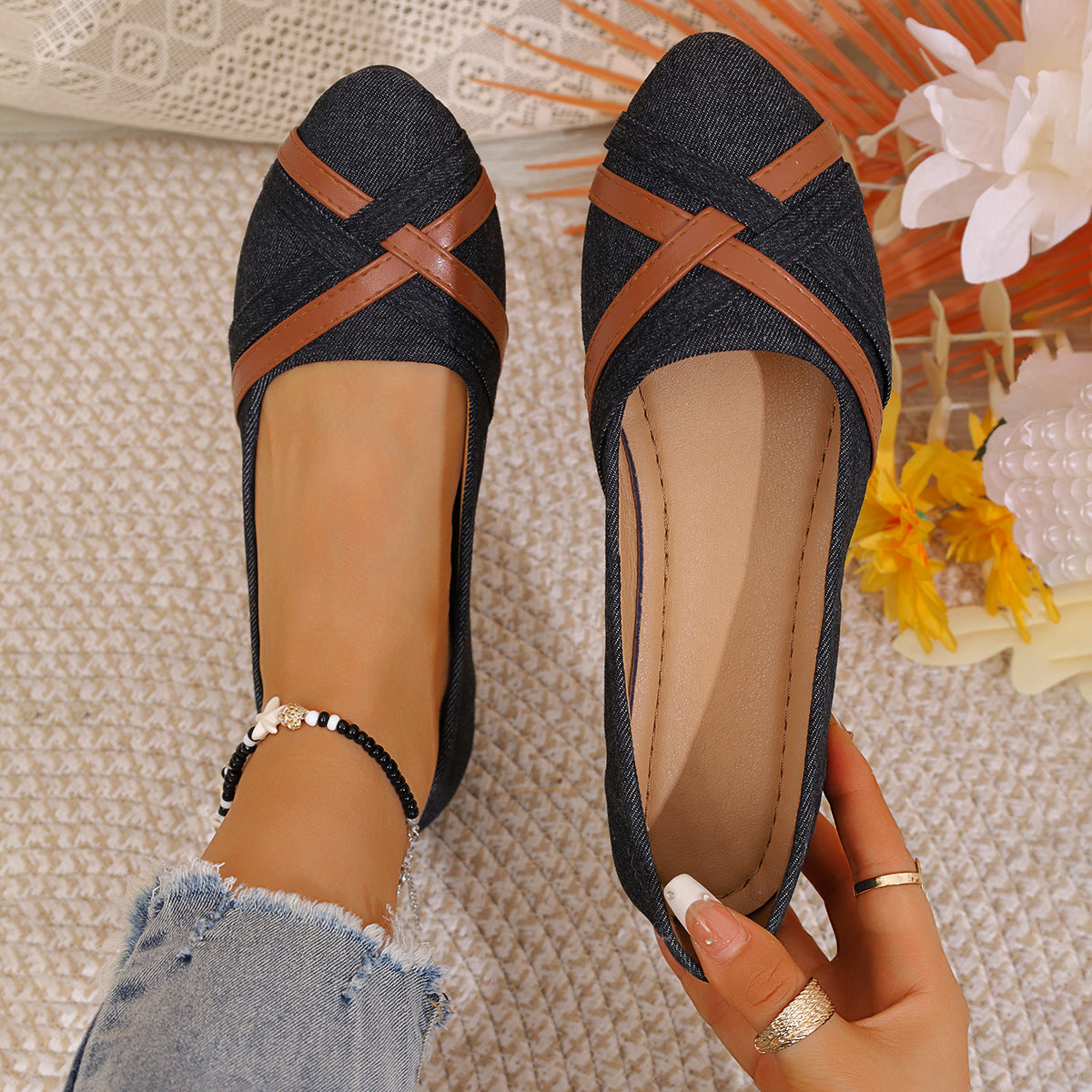 Women’s Denim Cross Strap Flats – Comfortable Casual Slip-On Shoes