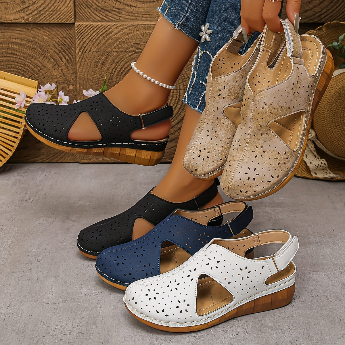 Women’s Breathable Cutout Wedge Sandals – Adjustable Strap Comfort Shoes