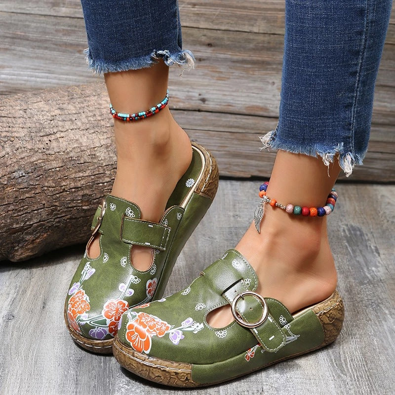 Women's Retro Ethnic Style Wedge Mules – Comfortable Thick-Soled Slip-Ons