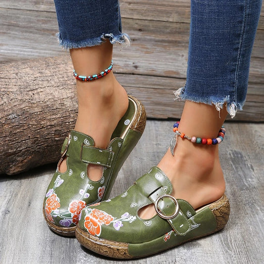 Women's Retro Ethnic Style Wedge Mules – Comfortable Thick-Soled Slip-Ons