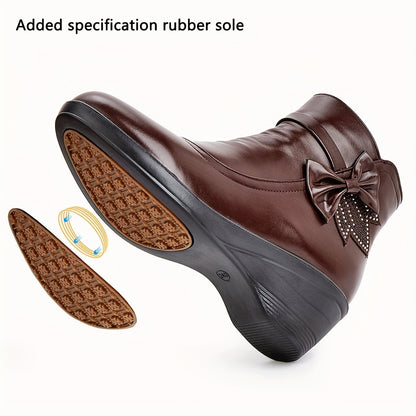 Women’s Warm Wedge Booties – Wide Width Comfort Ankle Boots with Side Zip & Bow Accent