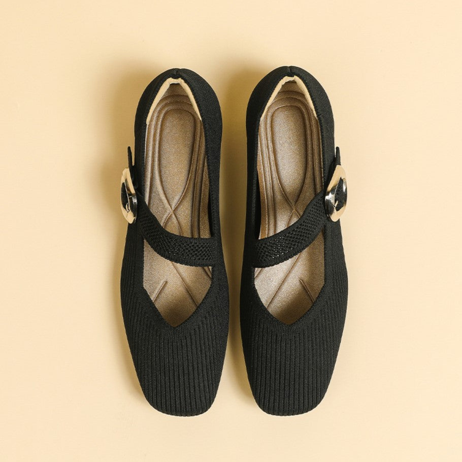 Women’s Square-Toe Mary Jane Flats with Knit Upper – Soft, Comfortable Spring & Summer Shoes