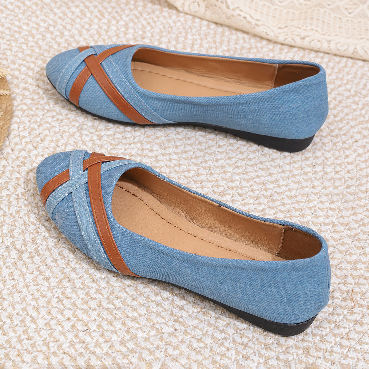 Women’s Denim Cross Strap Flats – Comfortable Casual Slip-On Shoes