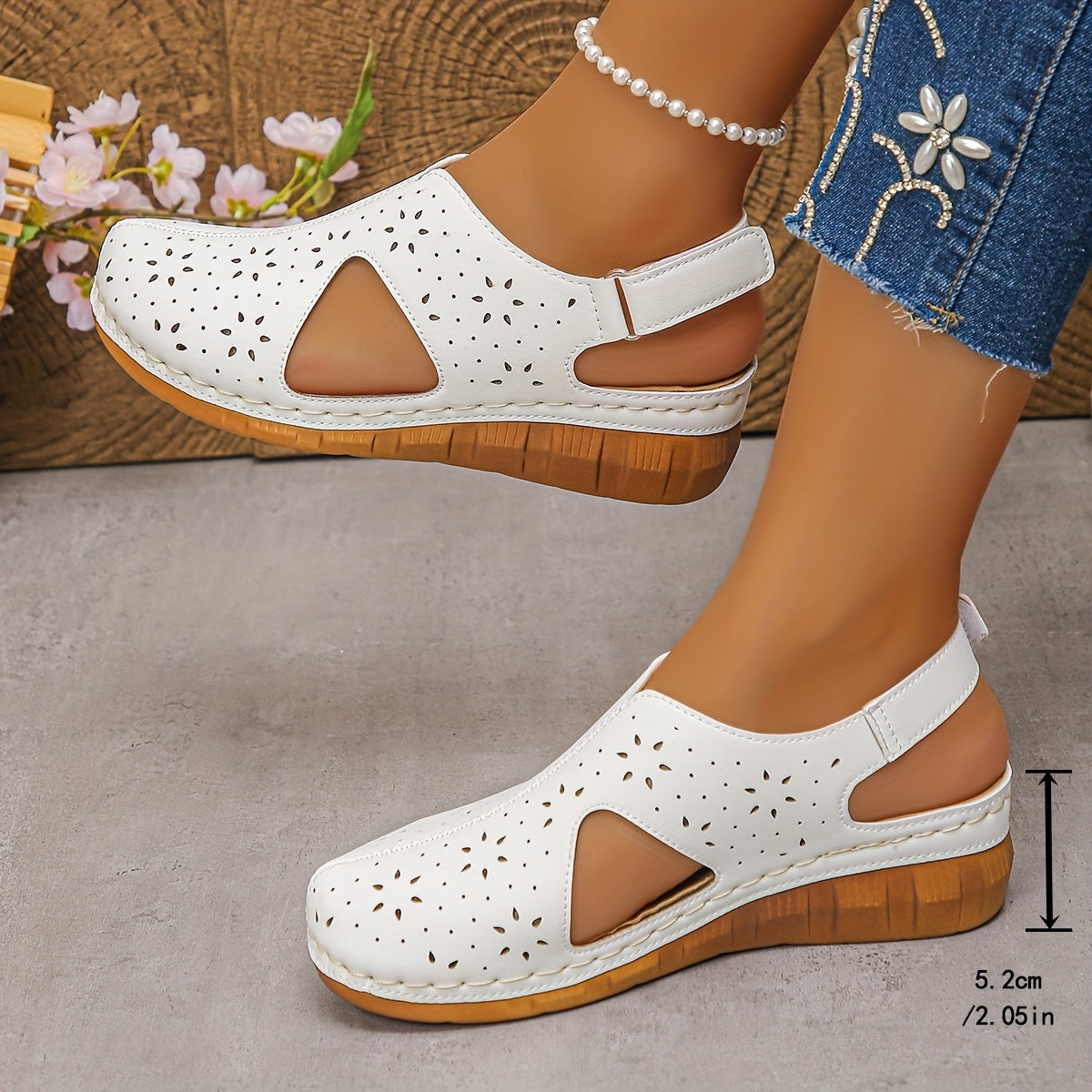 Women’s Breathable Cutout Wedge Sandals – Adjustable Strap Comfort Shoes