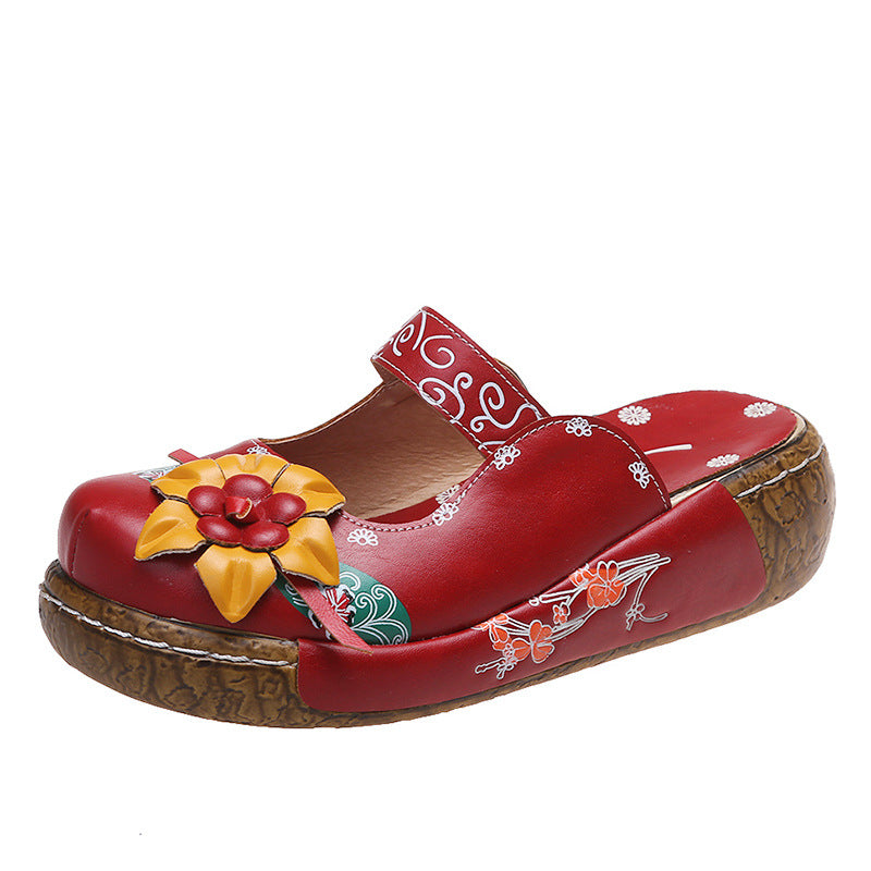 Boho Retro Floral Handmade Mules for Women – Comfy Thick Sole & Ethnic Charm
