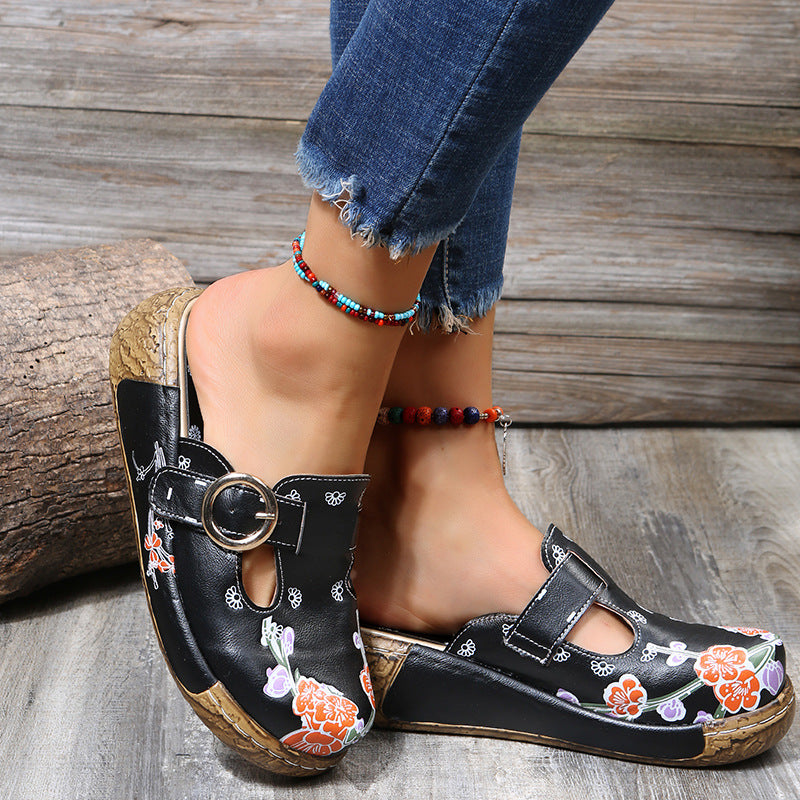 Women's Retro Ethnic Style Wedge Mules – Comfortable Thick-Soled Slip-Ons