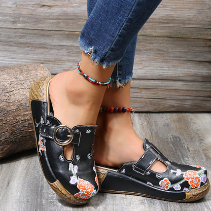 Women's Retro Ethnic Style Wedge Mules – Comfortable Thick-Soled Slip-Ons