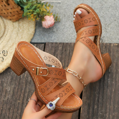 Women's Summer Cutout Chunky Heel Sandals – Stylish Comfort for Mature Feet